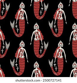 Cartoon linocut vintage ethnic redhead mermaid princess, boho character red hair girl mascot groovy whimsical flat art doodle seamless pattern background wrapping surface clipart