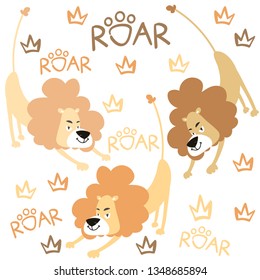 Cartoon lion in action on hunting, pattern king of the jungle vector illustration cartoon character with roar on a white background.