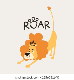Cartoon lion in action on hunting, king of the jungle vector illustration cartoon character with roar on a gray background.