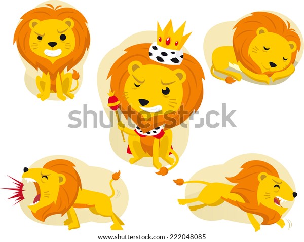 ジャングルの王様の漫画のライオンのアクションセット 多くのポーズにライオンのイラストを入れる のベクター画像素材 ロイヤリティフリー