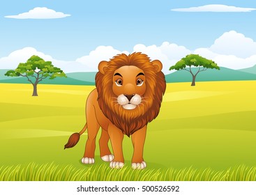 Cartoon lion with African landscape background
