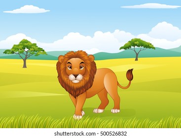 Cartoon lion with African landscape background