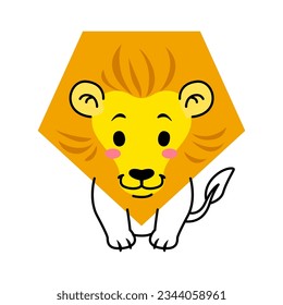 Cartoon lion animal character with math shape, vector kids education. Basic geometry and mathematics personage of cute african safari lion cat with head, face and mane in shape of yellow pentagon