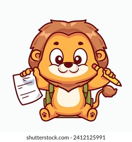 Cartoon lion animal school writing with pencil and paper