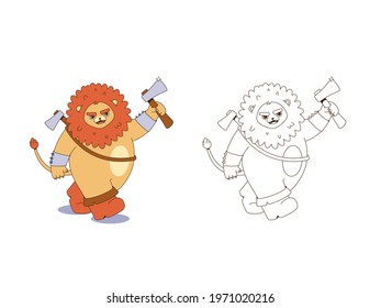Cartoon lion with an axe. Isolated vector image in eps format.