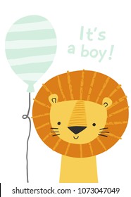 Cartoon lion with a balloon. It's a boy. Cute lion character for boy baby shower invitation, greeting card, birthday party, nursery art poster. 