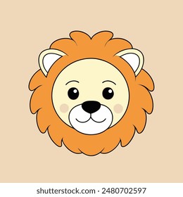 A cartoon lion with a big orange mane and a big smile. The lion is looking at the camera