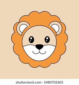 A cartoon lion with a big orange mane and a big smile. The lion is looking at the camera