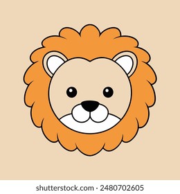 A cartoon lion with a big orange mane and a big smile. The lion is looking at the camera