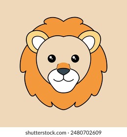 A cartoon lion with a big orange mane and a big smile. The lion is looking at the camera