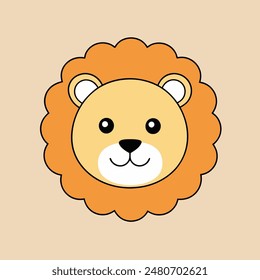 A cartoon lion with a big orange mane and a big smile. The lion is looking at the camera