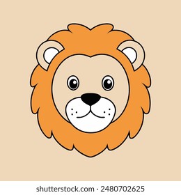 A cartoon lion with a big orange mane and a big smile. The lion is looking at the camera