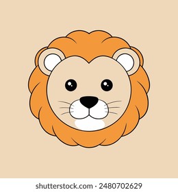 A cartoon lion with a big orange mane and a big smile. The lion is looking at the camera