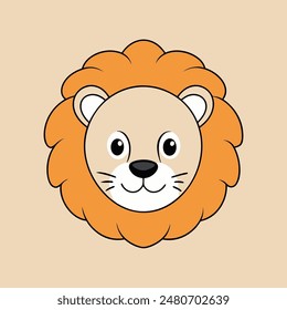 A cartoon lion with a big orange mane and a big smile. The lion is looking at the camera