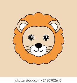 A cartoon lion with a big orange mane and a big smile. The lion is looking at the camera