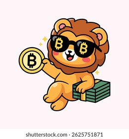 Cartoon Lion with Bitcoin and Money