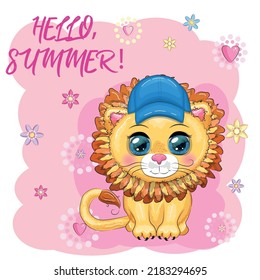 Cartoon lion boy in a blue cap with beautiful eyes, vacation concept, summer postcard