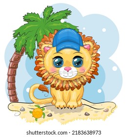 Cartoon lion boy in a blue cap with beautiful eyes, on the beach with palm trees, vacation concept, summer postcard