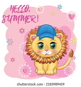 Cartoon lion boy in a blue cap with beautiful eyes, vacation concept, summer postcard