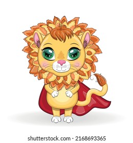 Cartoon lion boy in red super hero cloak with beautiful eyes.