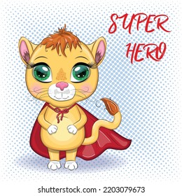 Cartoon lion boy in red super hero cloak with beautiful eyes.