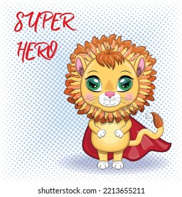 Cartoon lion boy in red super hero cloak with beautiful eyes.