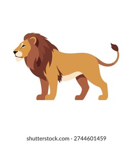 A cartoon lion with a brown mane and tail standing on a white background, facing left.