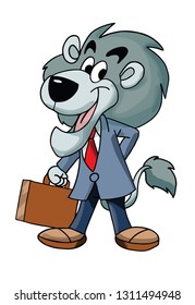 Cartoon lion businessman carrying a brown briefcase vector illustration