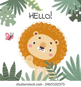 Cartoon lion card. Cute little wild animal say hello. Decorative print template for children clothes. Jungle character, nowaday vector flat scene