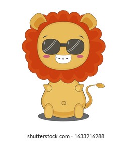 the cartoon lion character smiles and sits on a white background. vector illustration