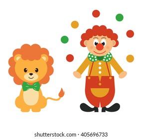 cartoon lion and clown with balls