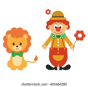 cartoon lion and clown with flower