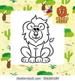 Cartoon lion. Coloring page. Vector illustration.