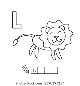 Cartoon lion coloring pages. Learning game for small children - write a word in English language. Vector alphabet for kids
