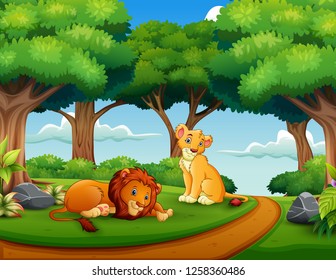 Cartoon of lion couple in the jungle
