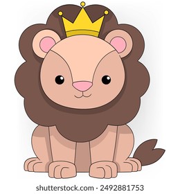 A cartoon lion with a crown on its head. The lion is sitting on a white background