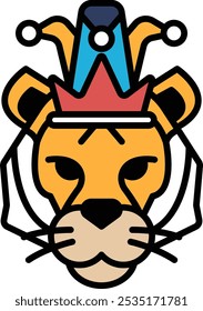 A cartoon lion with a crown on his head. The lion has a menacing look on his face