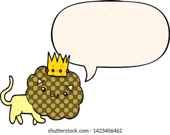 cartoon lion with crown with speech bubble in comic book style