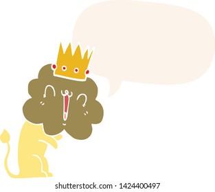 león de caricatura con corona con burbuja de habla en estilo retro