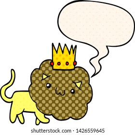cartoon lion with crown with speech bubble in comic book style