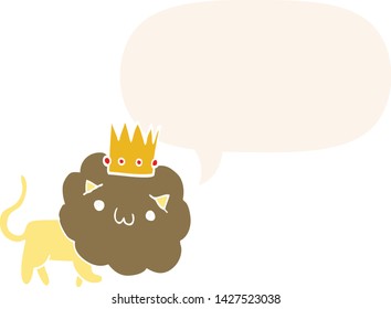 cartoon lion with crown with speech bubble in retro style