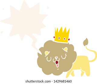 cartoon lion with crown with speech bubble in retro style