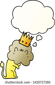 león de caricatura con corona con burbuja de pensamiento en un estilo de gradiente suave