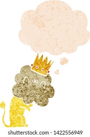 león de caricatura con corona con burbuja de pensamiento en un estilo retro angustiado estilo retro texturado