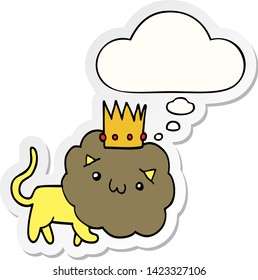 cartoon lion with crown with thought bubble as a printed sticker