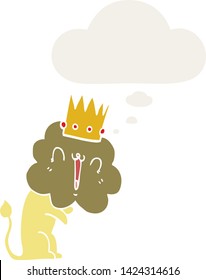 león de caricatura con corona con burbuja de pensamiento en estilo retro