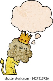 cartoon lion with crown with thought bubble in grunge texture style
