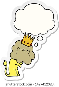 cartoon lion with crown with thought bubble as a printed sticker