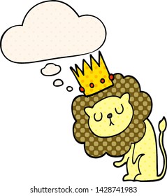 cartoon lion with crown with thought bubble in comic book style