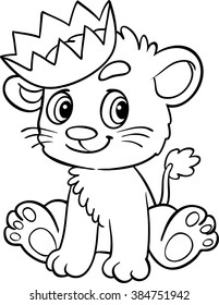 Cartoon Lion in the crown. Cartoon vector illustration. Coloring. Isolated on white background. Black stroke.